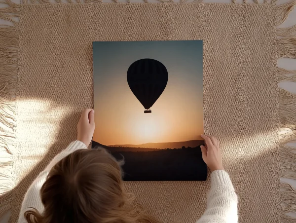 Gros plan sur les mains tenant le tirage d'art montrant la texture du papier mat épais.