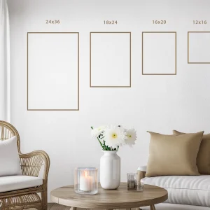 Comparatif des formats de cadres disponibles : 12x16, 16x20, 18x24 et 24x36 pouces.