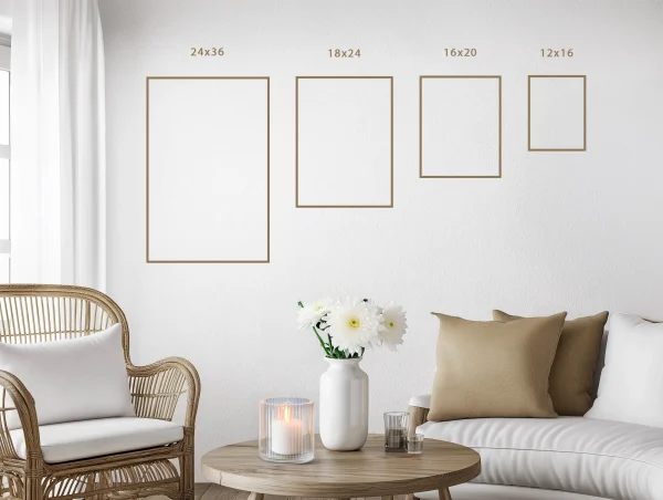 Comparatif des formats de cadres disponibles : 12x16, 16x20, 18x24 et 24x36 pouces.