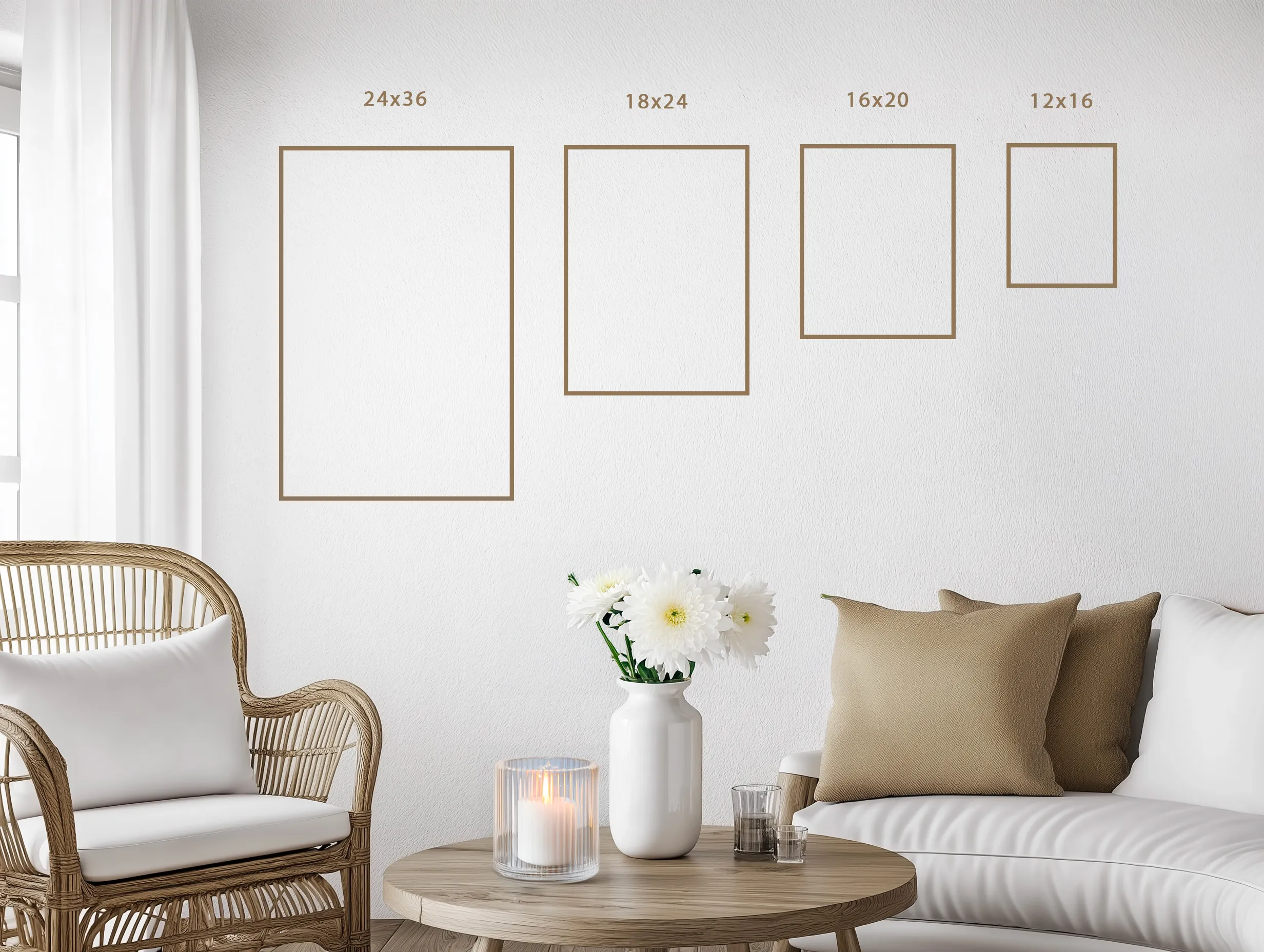 Comparatif des formats de cadres disponibles : 12x16, 16x20, 18x24 et 24x36 pouces.