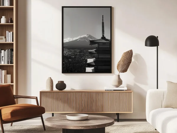 Grand tirage d'art encadré du Mont Fuji en noir et blanc, décoration de salon de style Japandi minimaliste.