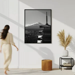 Photographie grand format encadrée du Mont Fuji en noir et blanc, décoration de chambre au-dessus du lit.